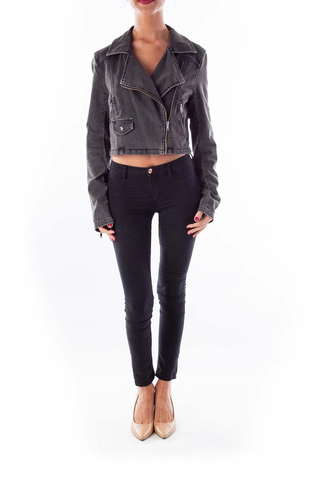 Gray Cropped Denim Moto Jacket