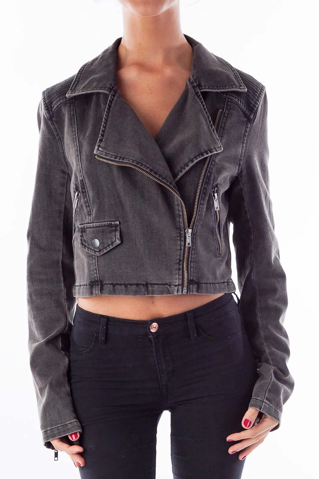 Gray Cropped Denim Moto Jacket