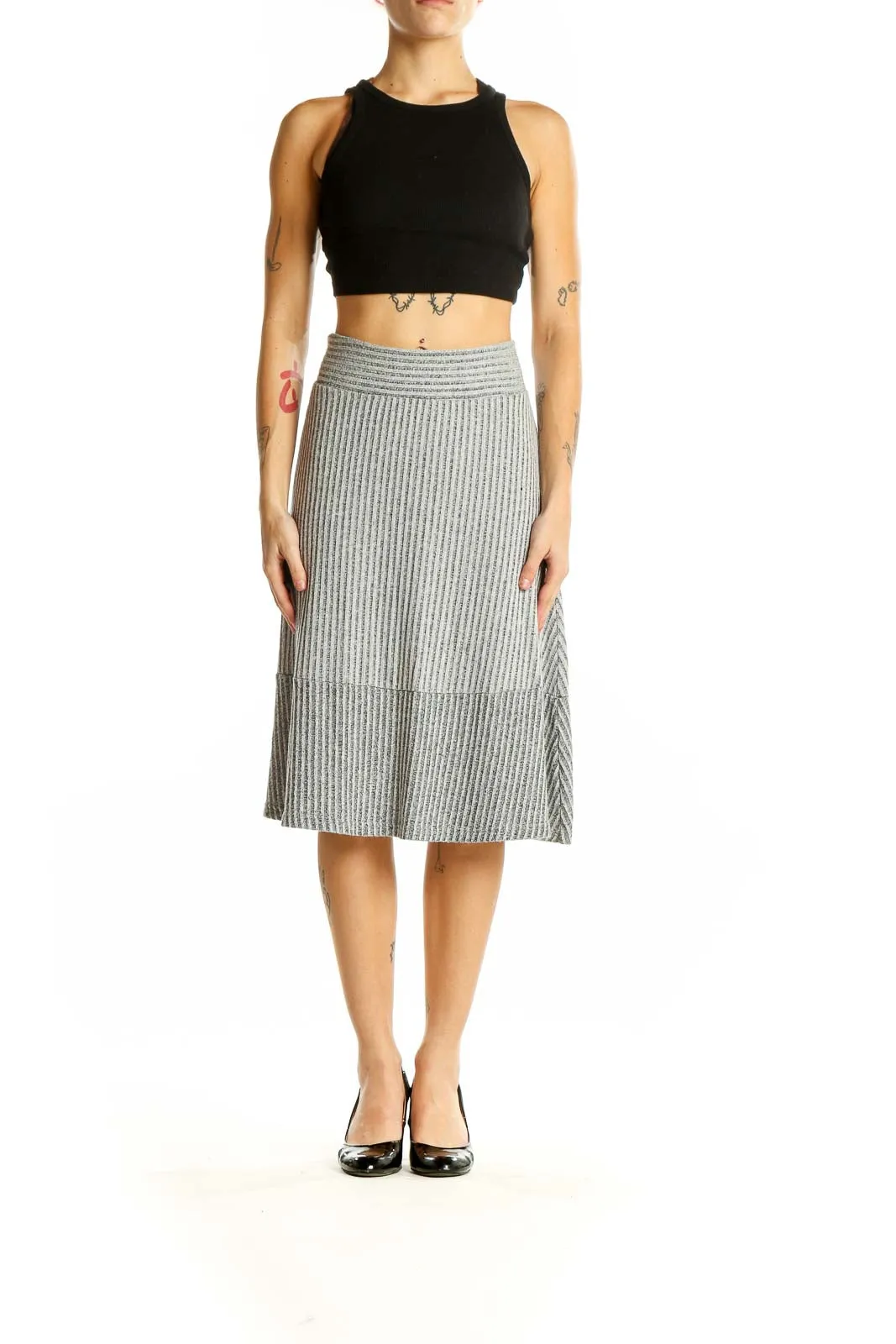 Gray Ribbed A-Line Midi Skirt