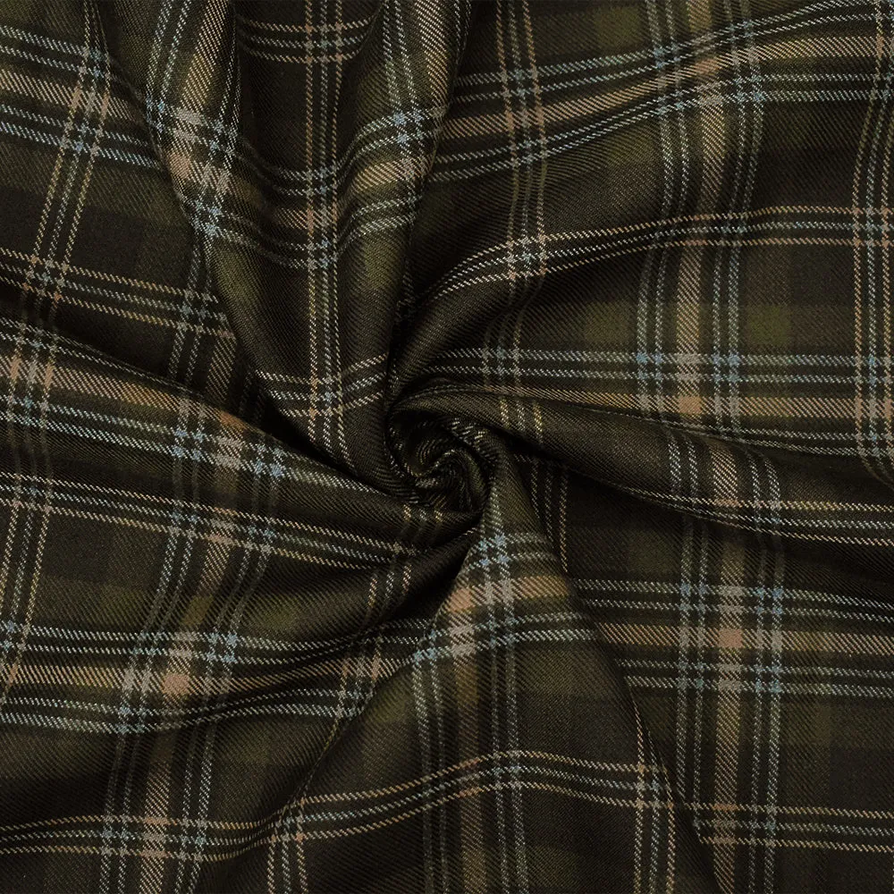 Green-Brown-Multi Wool-Polyester Plaid Twill Suiting Woven Fabric