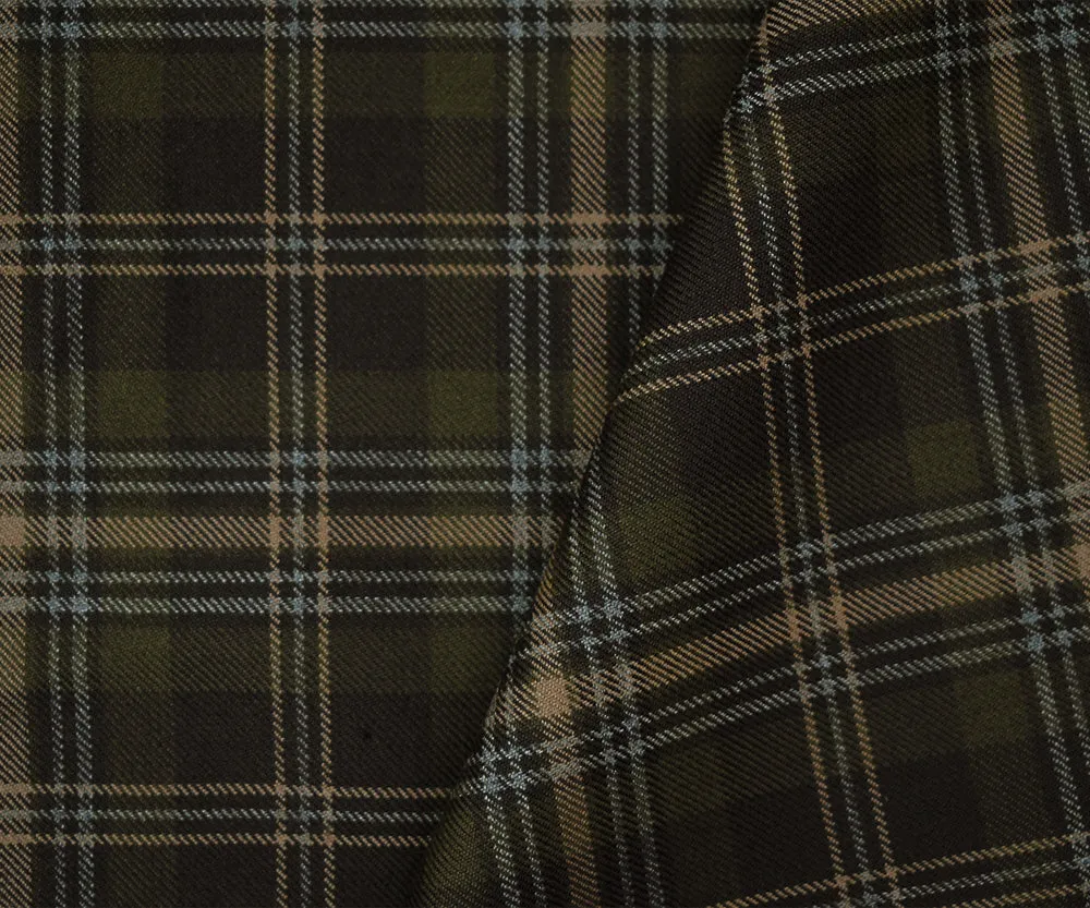 Green-Brown-Multi Wool-Polyester Plaid Twill Suiting Woven Fabric