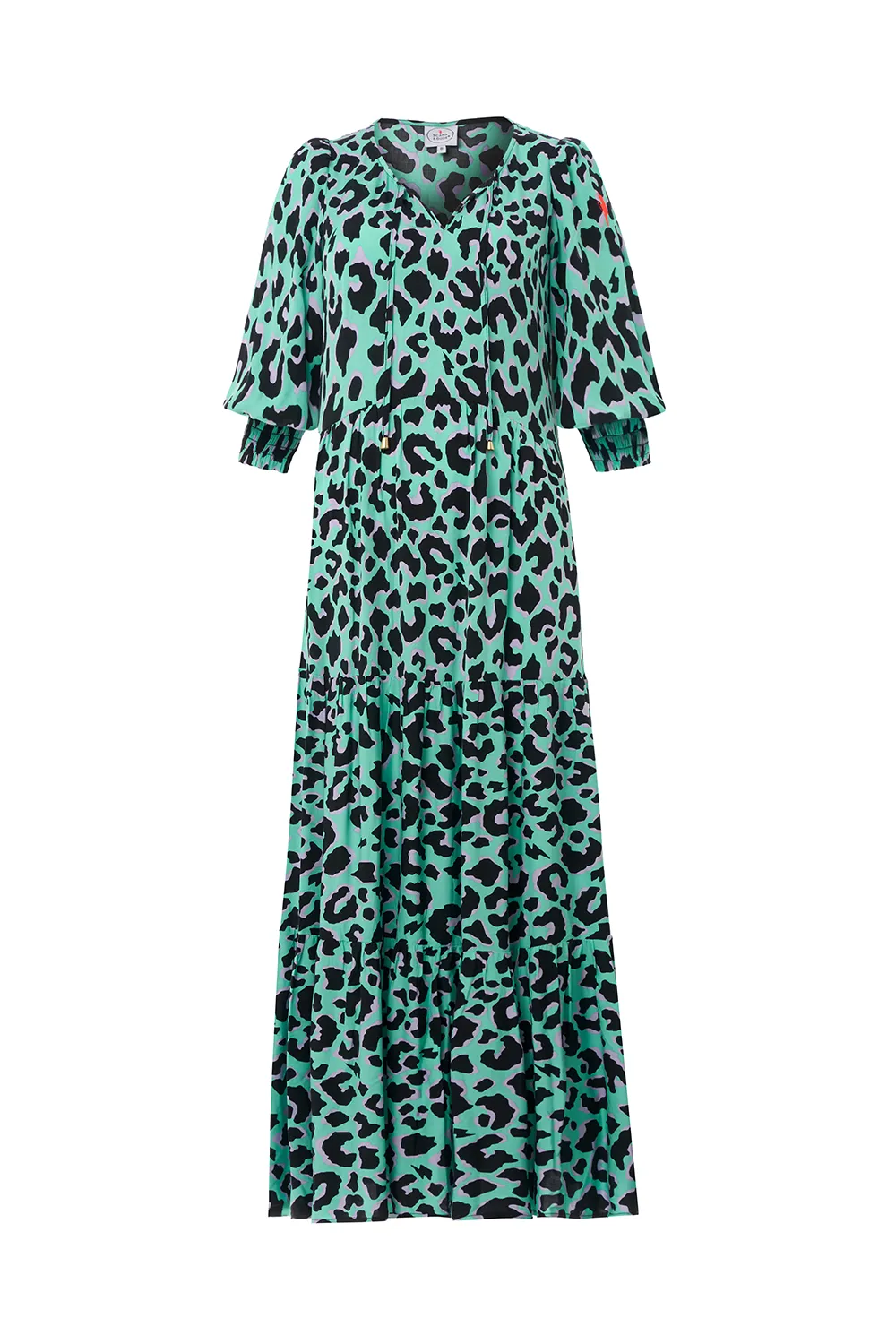 Green with Purple and Black Shadow Leopard Tie Front Maxi Dress