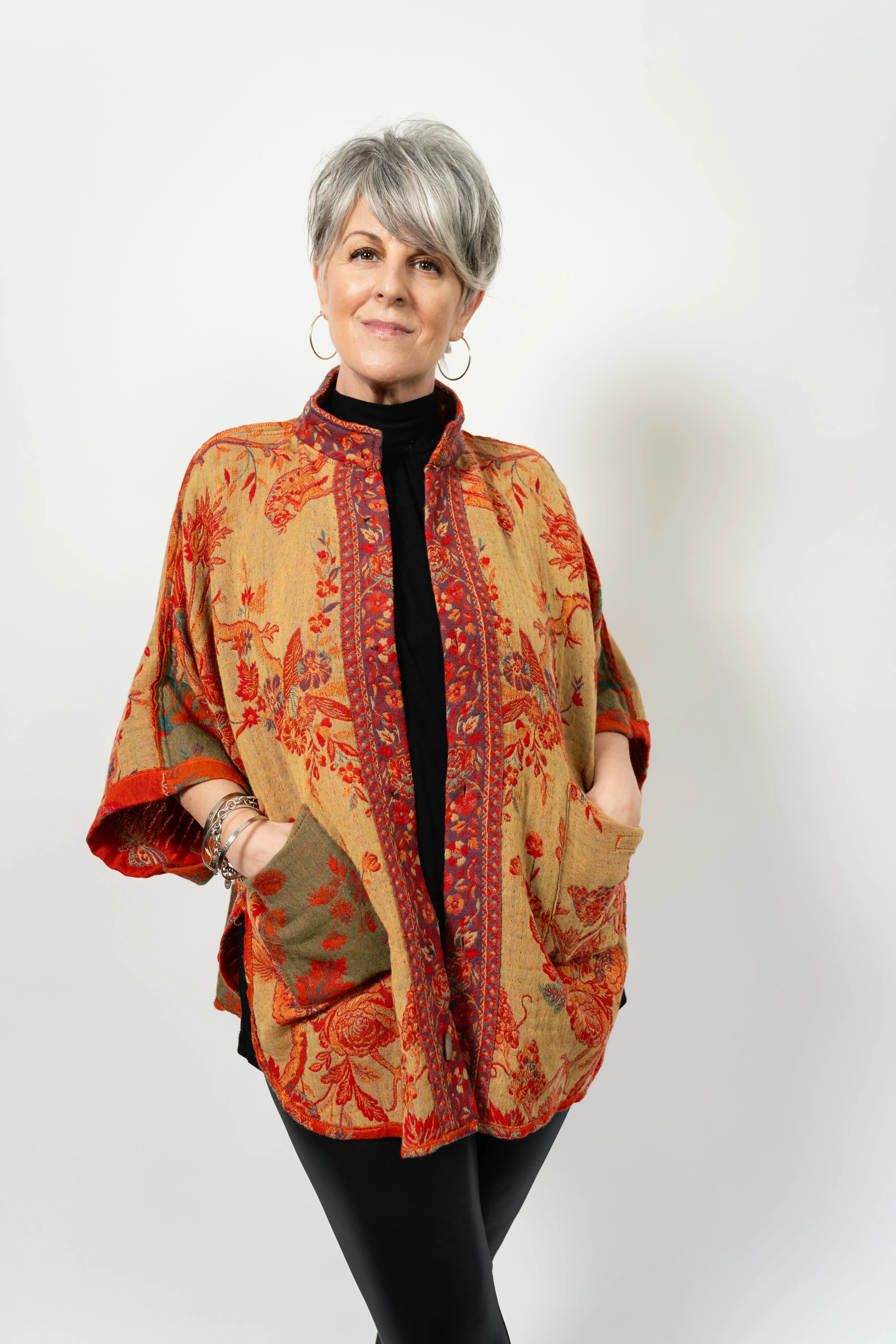 Handmade Reversible Merino Wool Kimono Jacket in Tangerine Bird