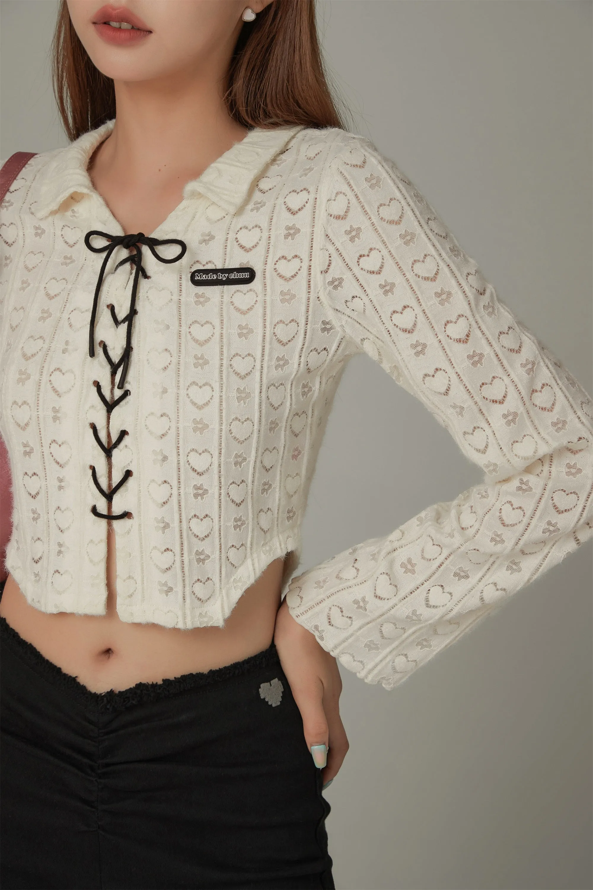 Heart Pattern Bow Lace Up Crop Blouse