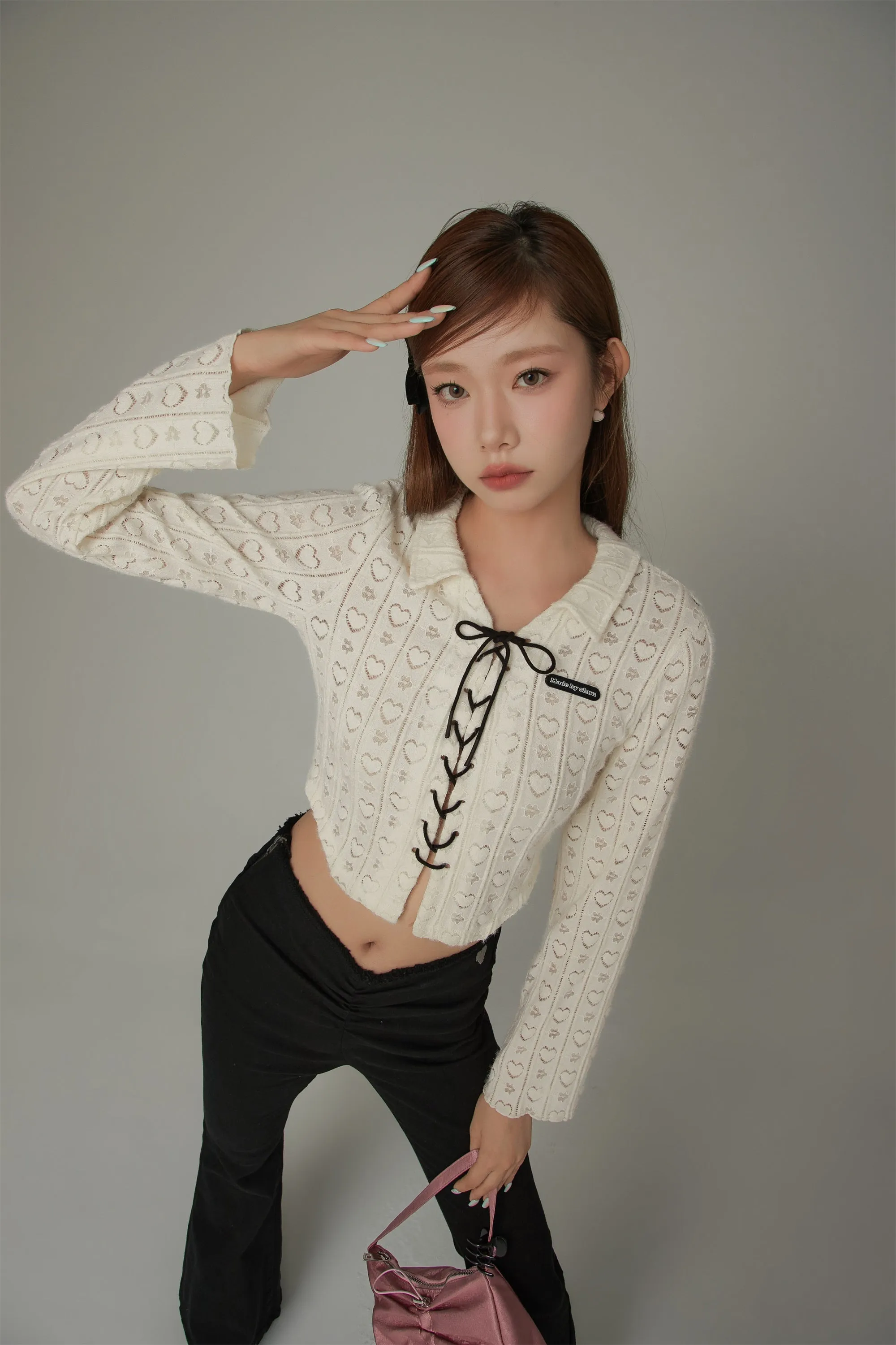 Heart Pattern Bow Lace Up Crop Blouse