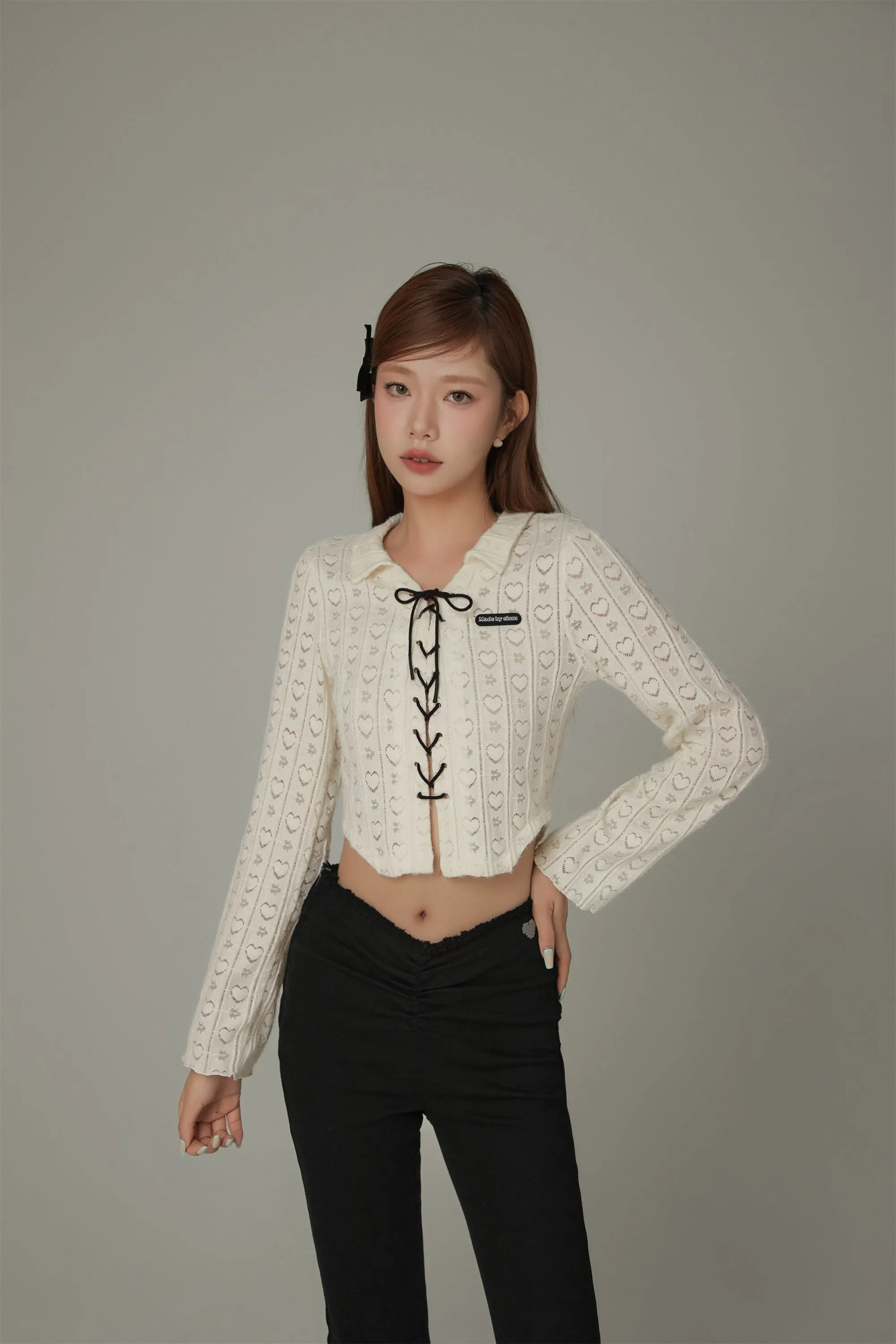 Heart Pattern Bow Lace Up Crop Blouse