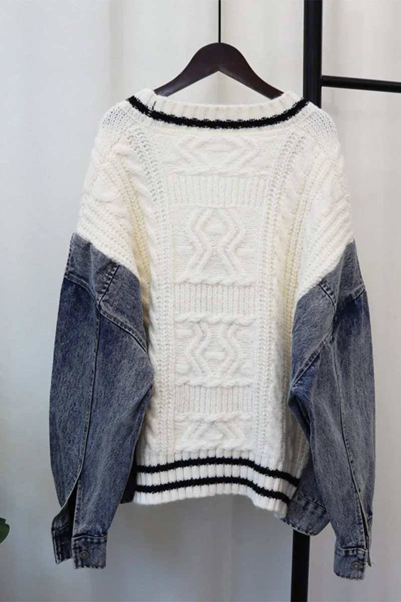 HWS1194 Denim Patchwork Knit Cardigan