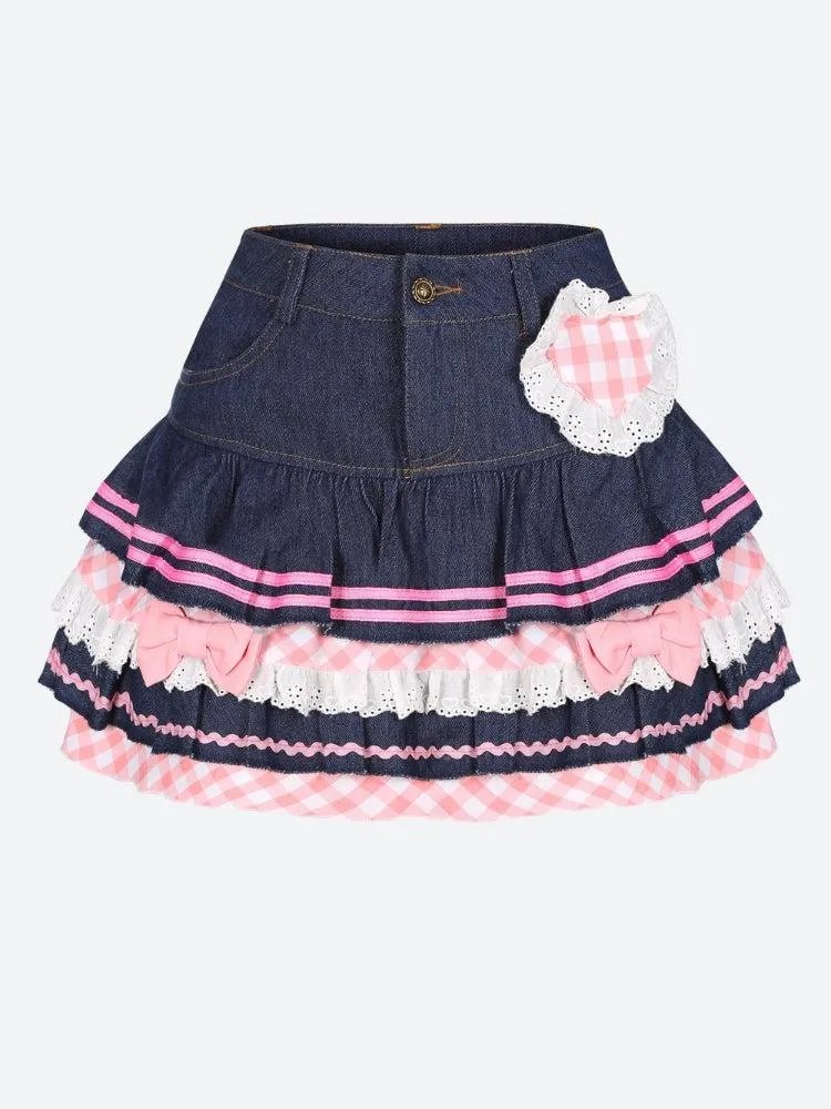 Kawaii Layered Denim Mini Skirt