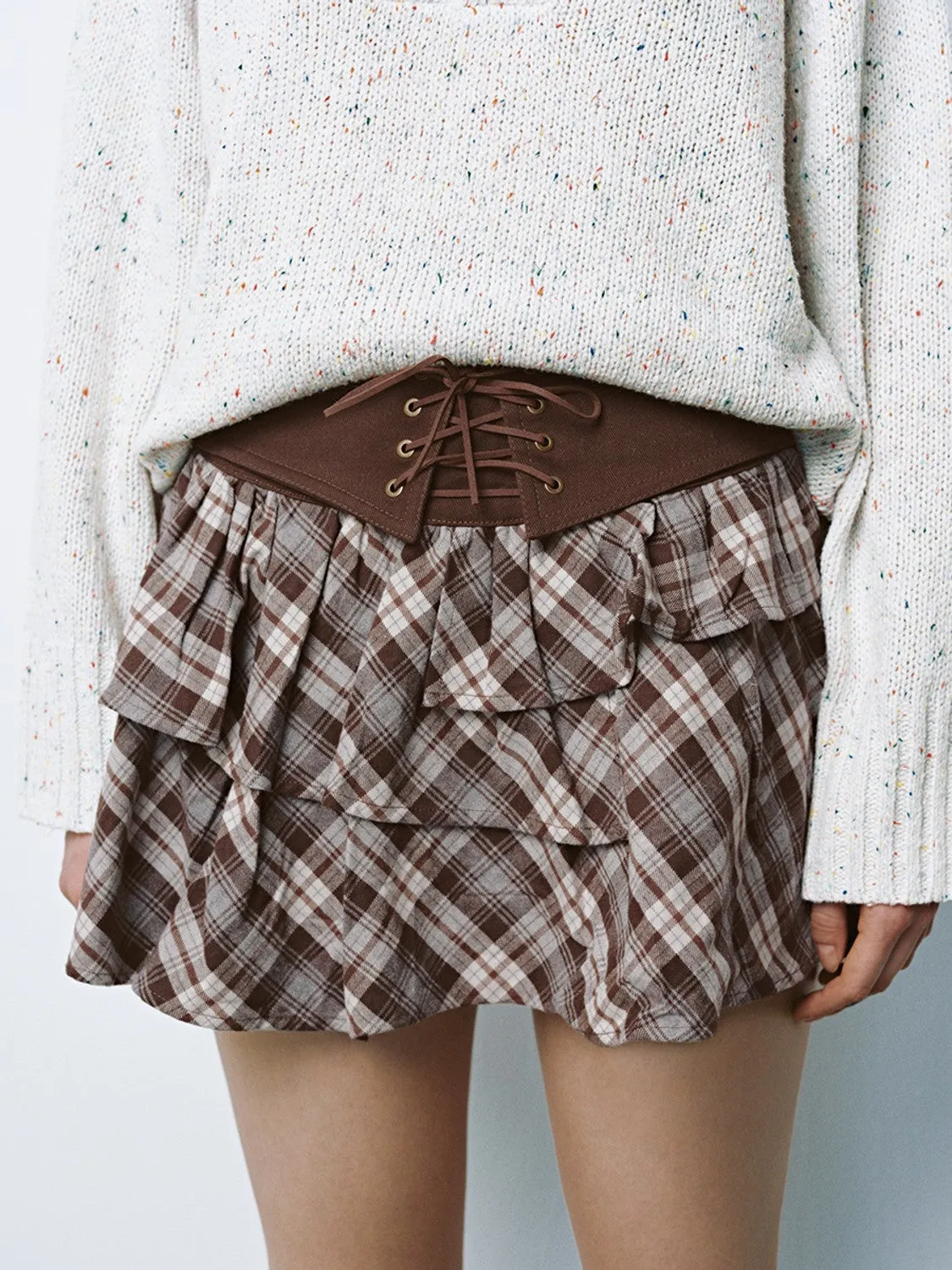 Lace-Up Plaid Mini A-Line Skirts