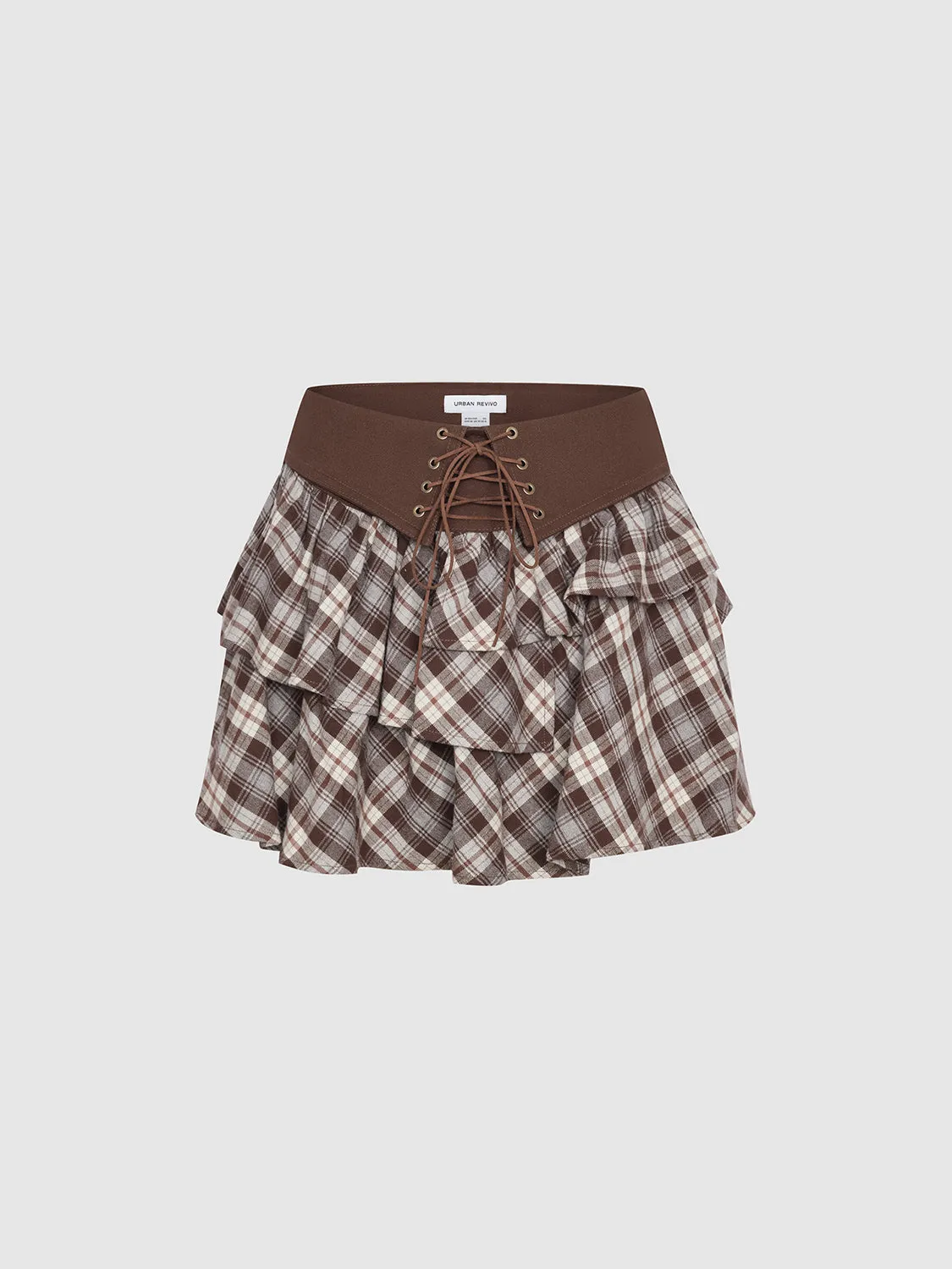 Lace-Up Plaid Mini A-Line Skirts