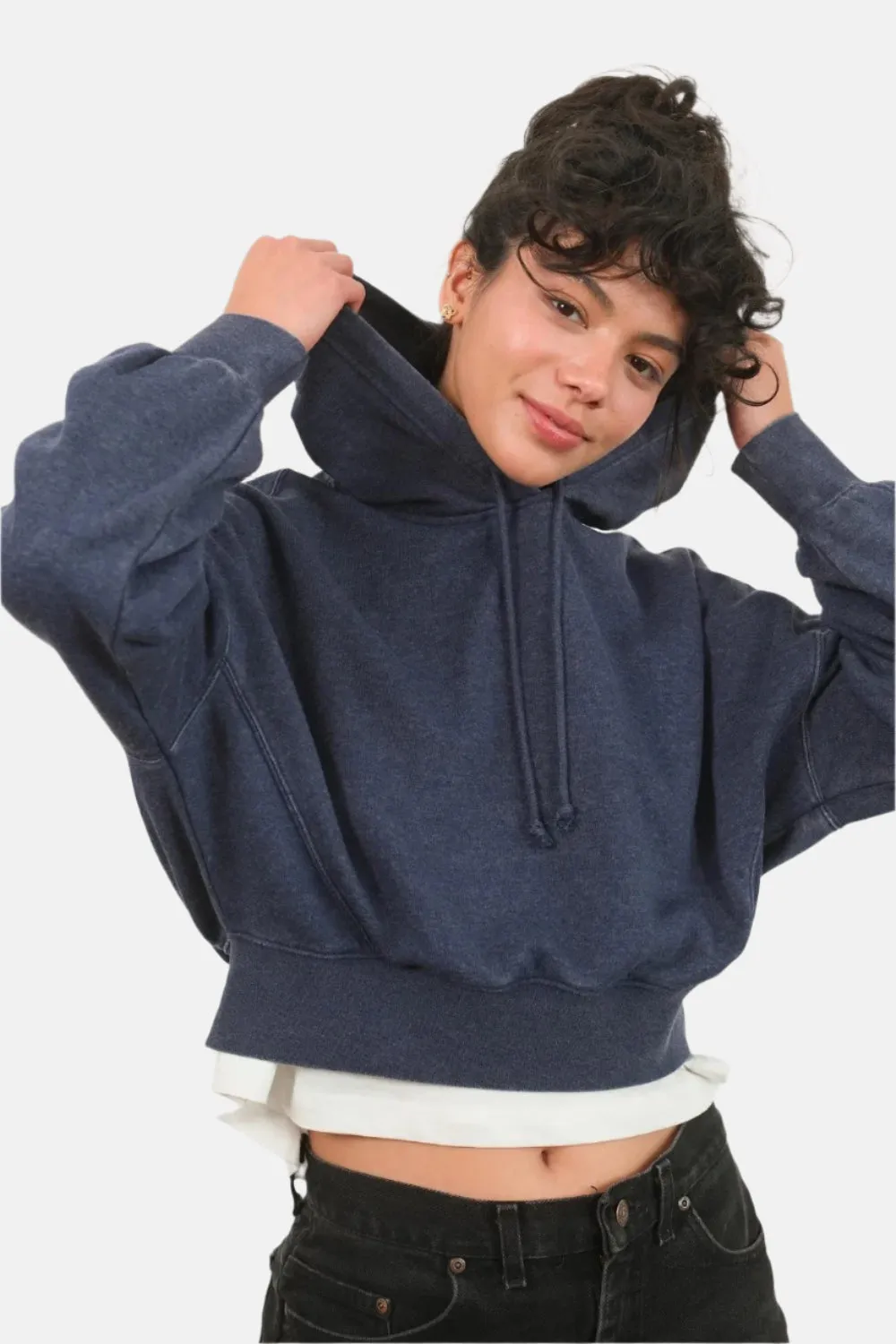 Lightweight Drop Shoulder Cropped Hoodie Navy