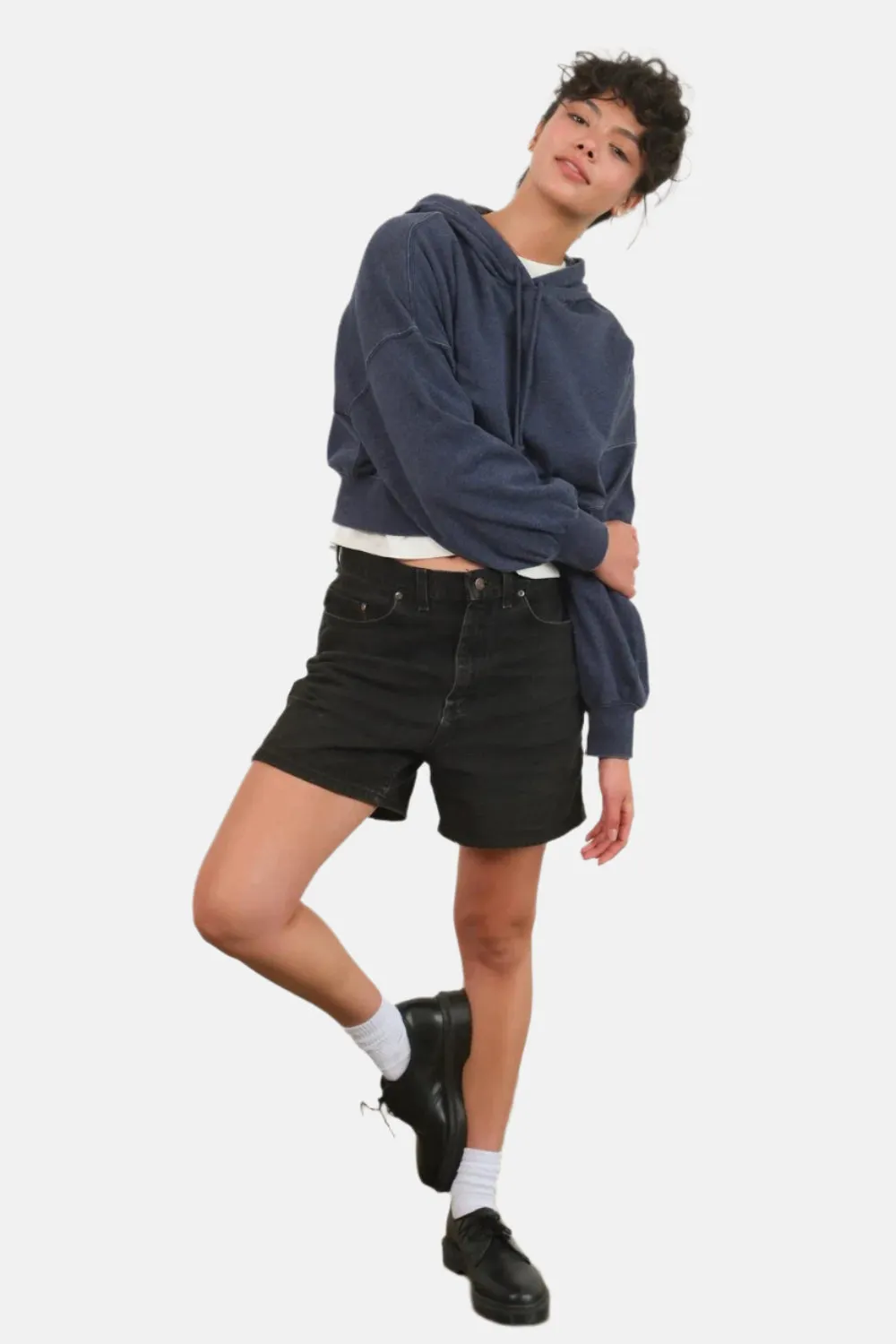 Lightweight Drop Shoulder Cropped Hoodie Navy