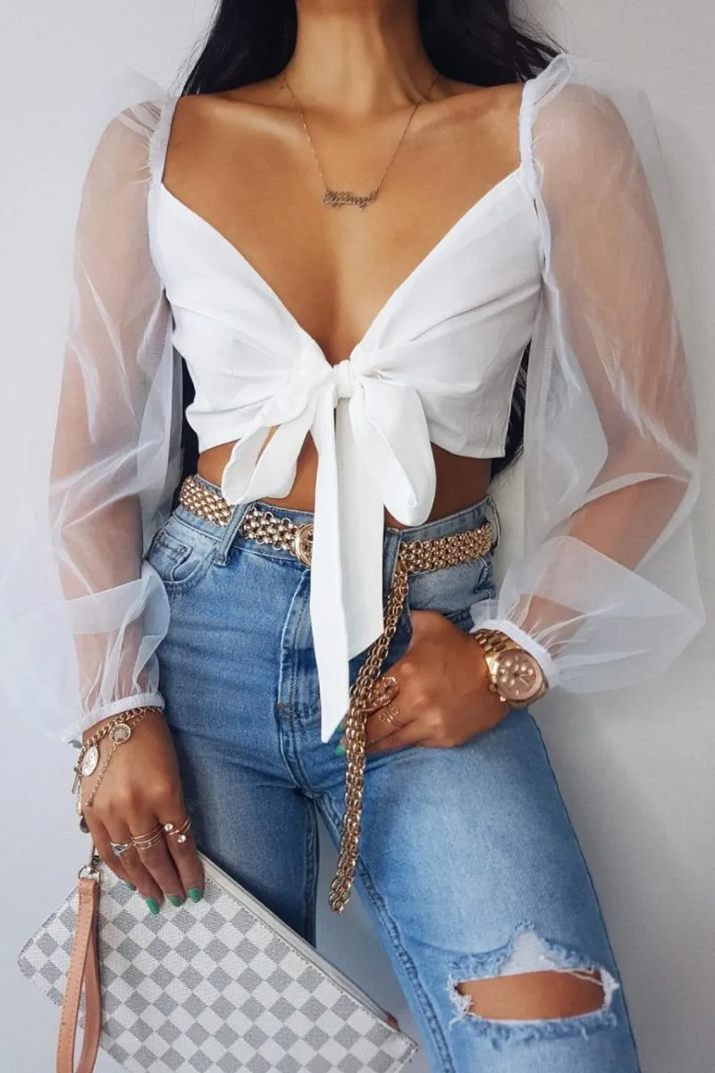 Lolia - White Organza Tie Front Cropped Shirt