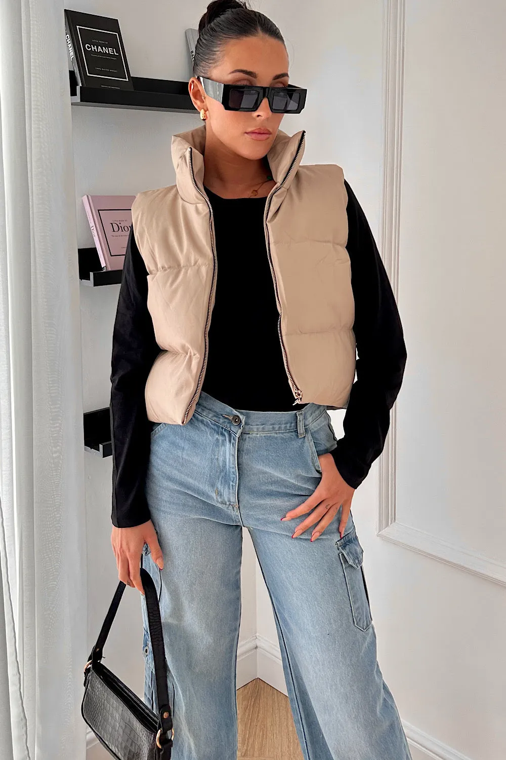 Lou Beige Faux Leather Cropped Gilet