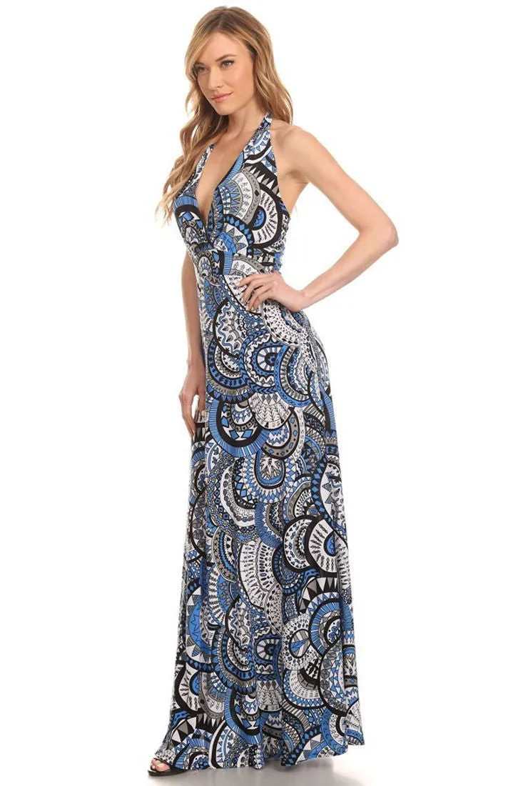 Maxi Dress Halter Top Medallion Blue