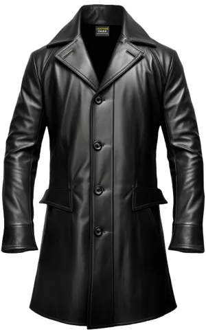 Men Black Leather Coat- Long Leather Coat