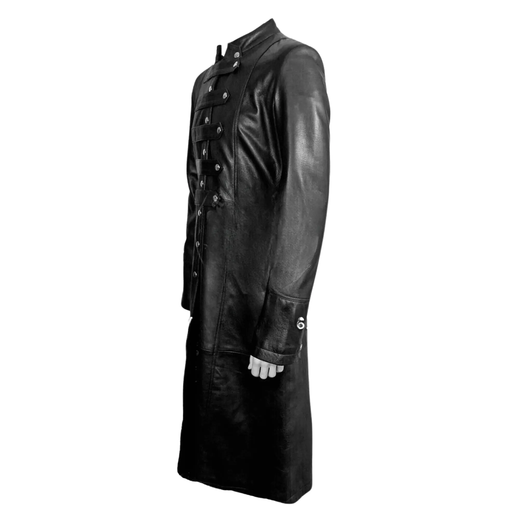 Mens Long Black Leather Coat Military Style