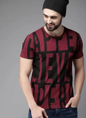 Men's Maroon Printed Cotton Round Neck Tees