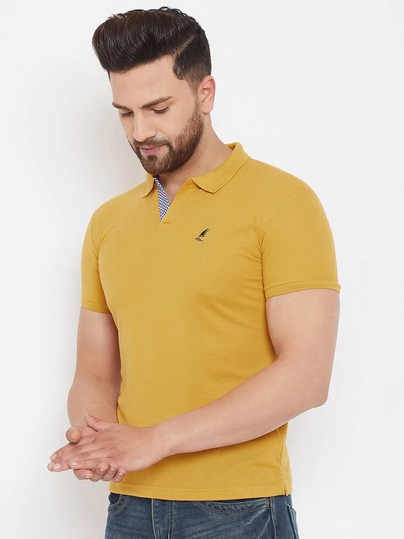 Men's Yellow Cotton Solid Polos