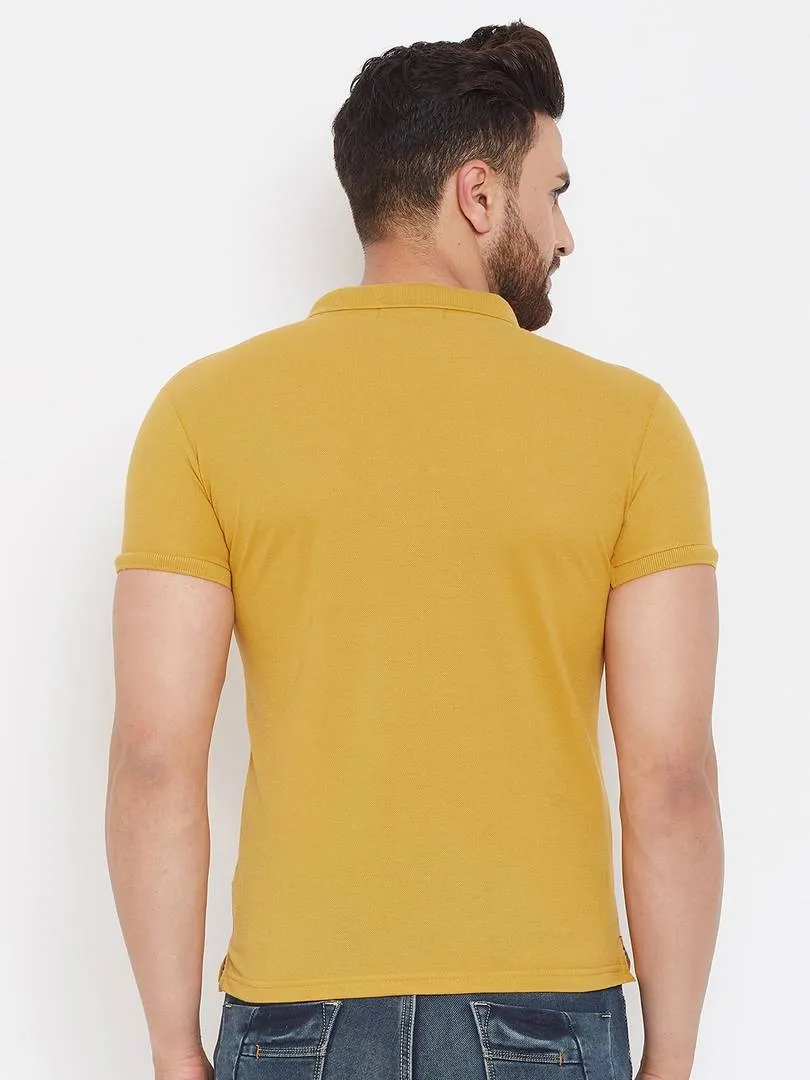 Men's Yellow Cotton Solid Polos