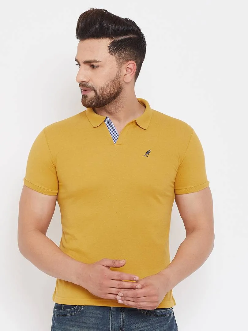 Men's Yellow Cotton Solid Polos