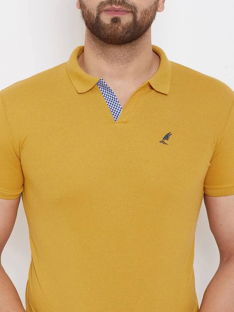 Men's Yellow Cotton Solid Polos