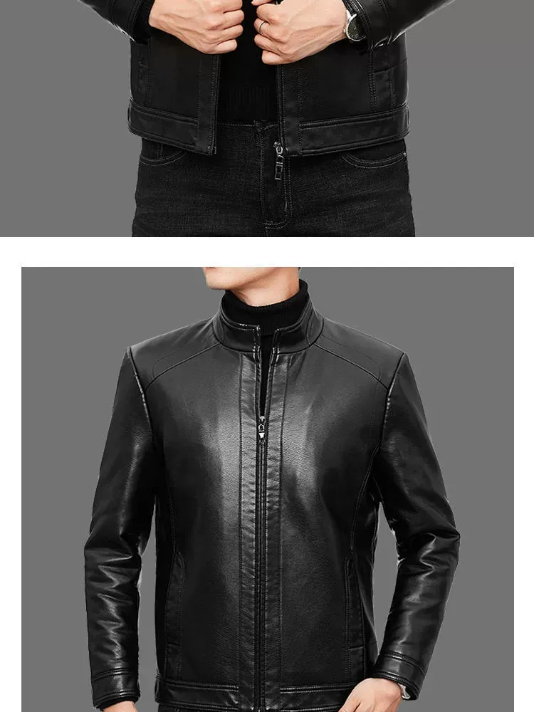 Middle-Aged and Elderly Fleece-lined Winter Reverse Collar Dad Leather Coat