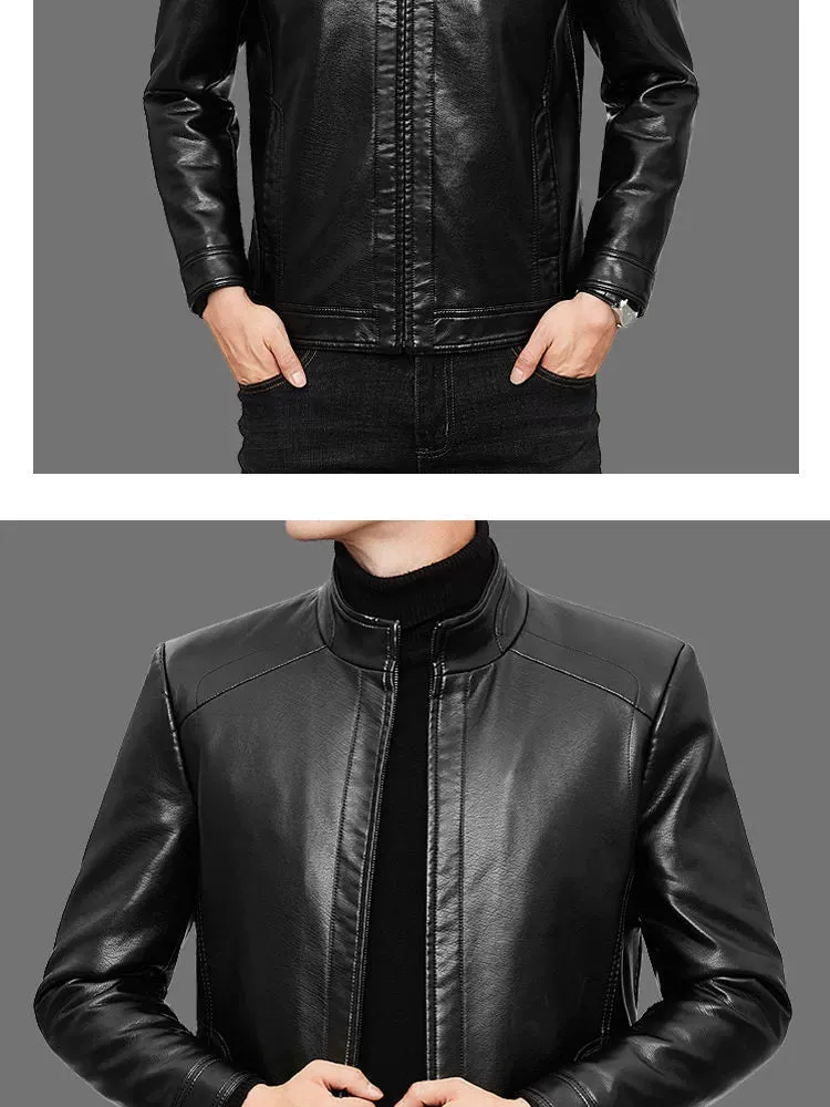 Middle-Aged and Elderly Fleece-lined Winter Reverse Collar Dad Leather Coat