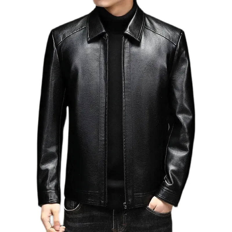 Middle-Aged and Elderly Fleece-lined Winter Reverse Collar Dad Leather Coat