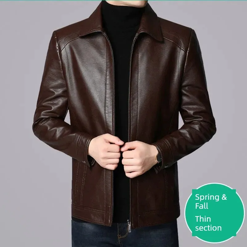 Middle-Aged and Elderly Fleece-lined Winter Reverse Collar Dad Leather Coat