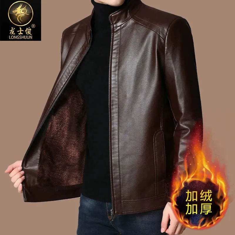 Middle-Aged and Elderly Fleece-lined Winter Reverse Collar Dad Leather Coat