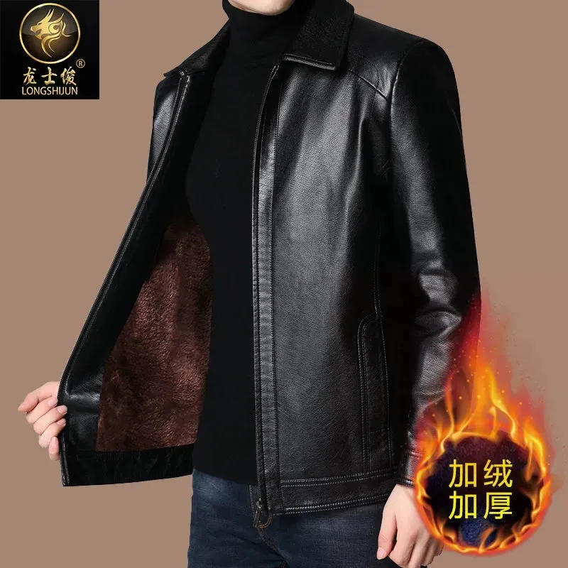 Middle-Aged and Elderly Fleece-lined Winter Reverse Collar Dad Leather Coat