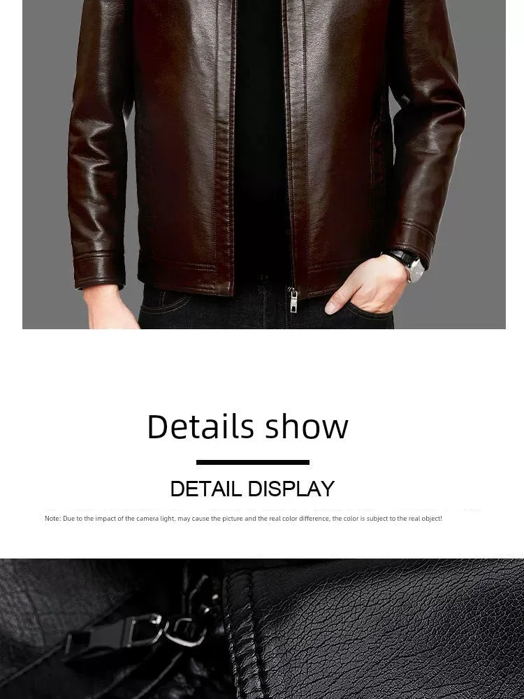 Middle-Aged and Elderly Fleece-lined Winter Reverse Collar Dad Leather Coat