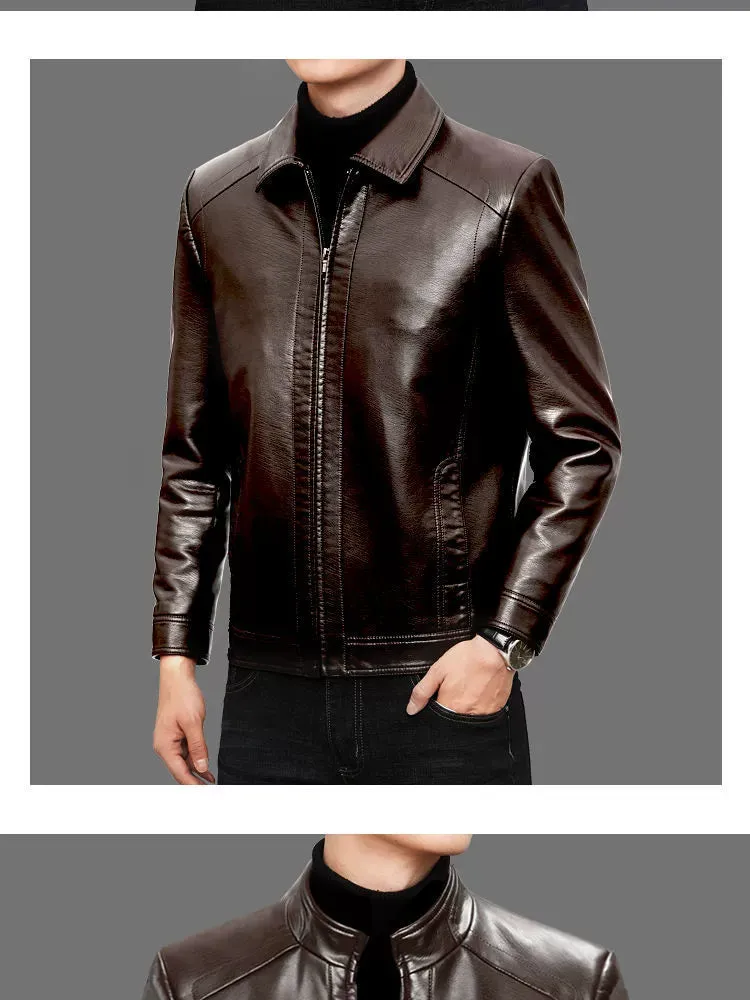 Middle-Aged and Elderly Fleece-lined Winter Reverse Collar Dad Leather Coat