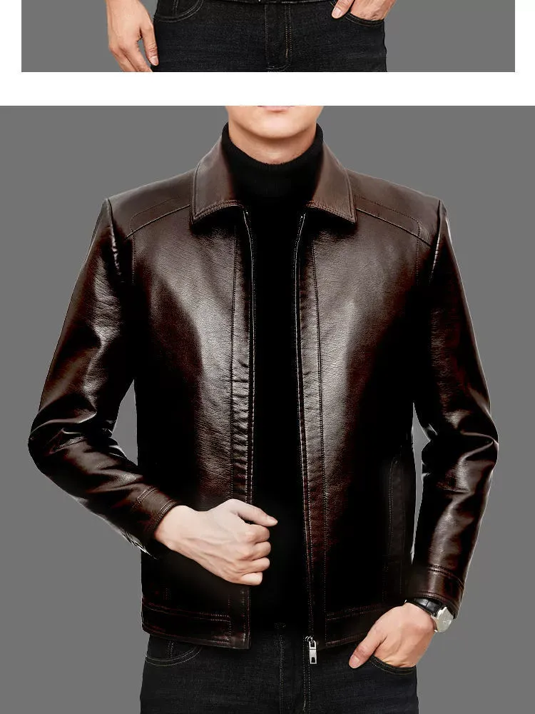 Middle-Aged and Elderly Fleece-lined Winter Reverse Collar Dad Leather Coat