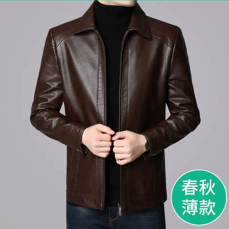 Middle-Aged and Elderly Fleece-lined Winter Reverse Collar Dad Leather Coat