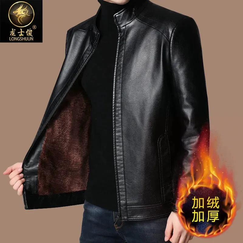 Middle-Aged and Elderly Fleece-lined Winter Reverse Collar Dad Leather Coat