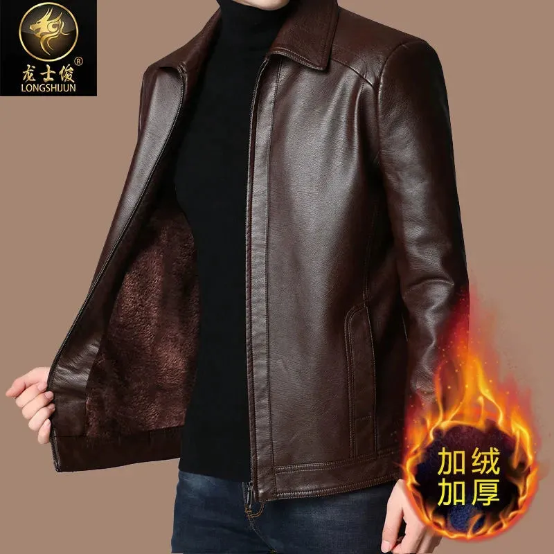 Middle-Aged and Elderly Fleece-lined Winter Reverse Collar Dad Leather Coat