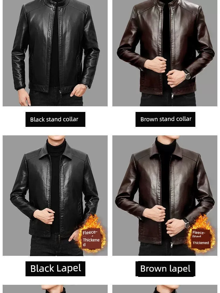 Middle-Aged and Elderly Fleece-lined Winter Reverse Collar Dad Leather Coat