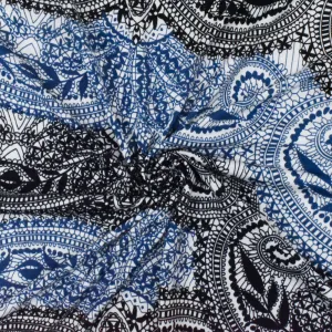 Navy Blue-White-Black Lace Border Printed Stretch Poly Jersey Knit Fabric