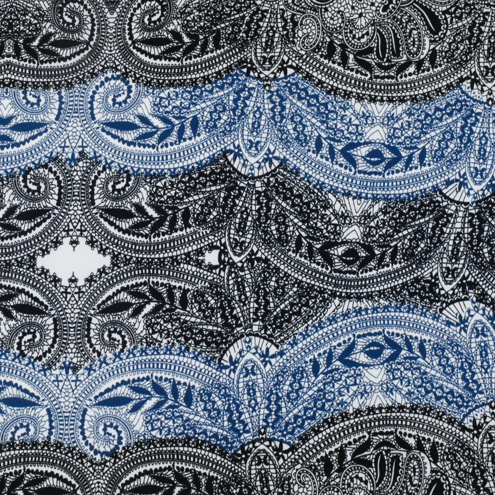 Navy Blue-White-Black Lace Border Printed Stretch Poly Jersey Knit Fabric