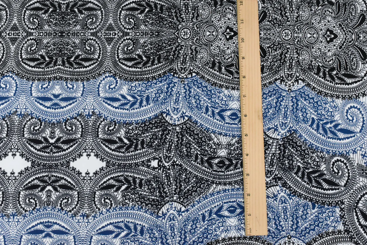 Navy Blue-White-Black Lace Border Printed Stretch Poly Jersey Knit Fabric