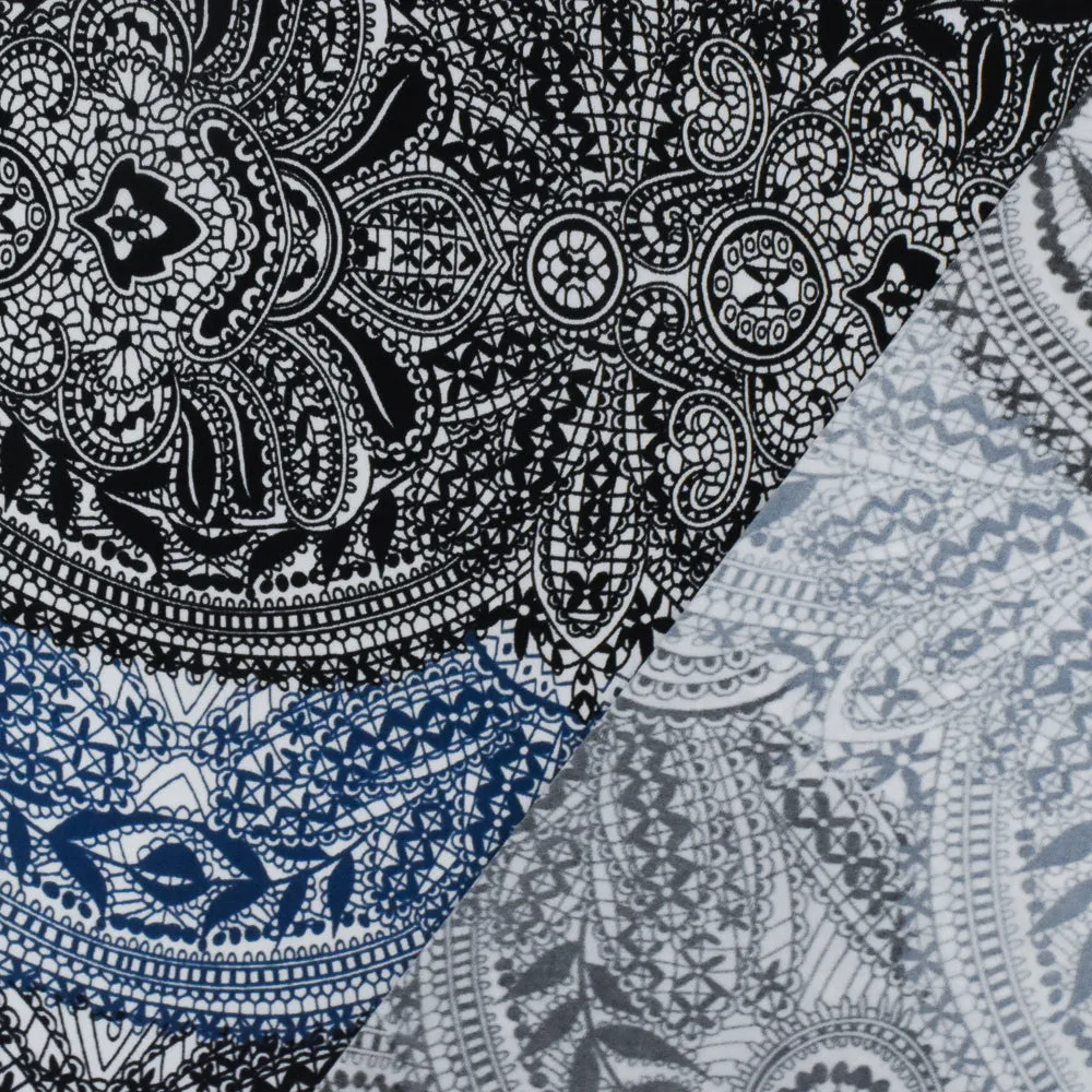 Navy Blue-White-Black Lace Border Printed Stretch Poly Jersey Knit Fabric