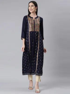 Neerus Navy Blue Curved Casual Ethnic Motifs Maxi Dresses