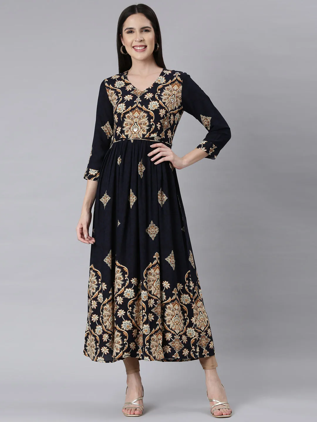 Neerus Navy Blue Curved Casual Floral Maxi Dresses