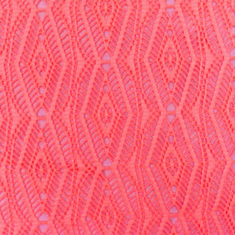 Neon Orange Patterned Diamond Stretch Poly Crochet Knit Fabric