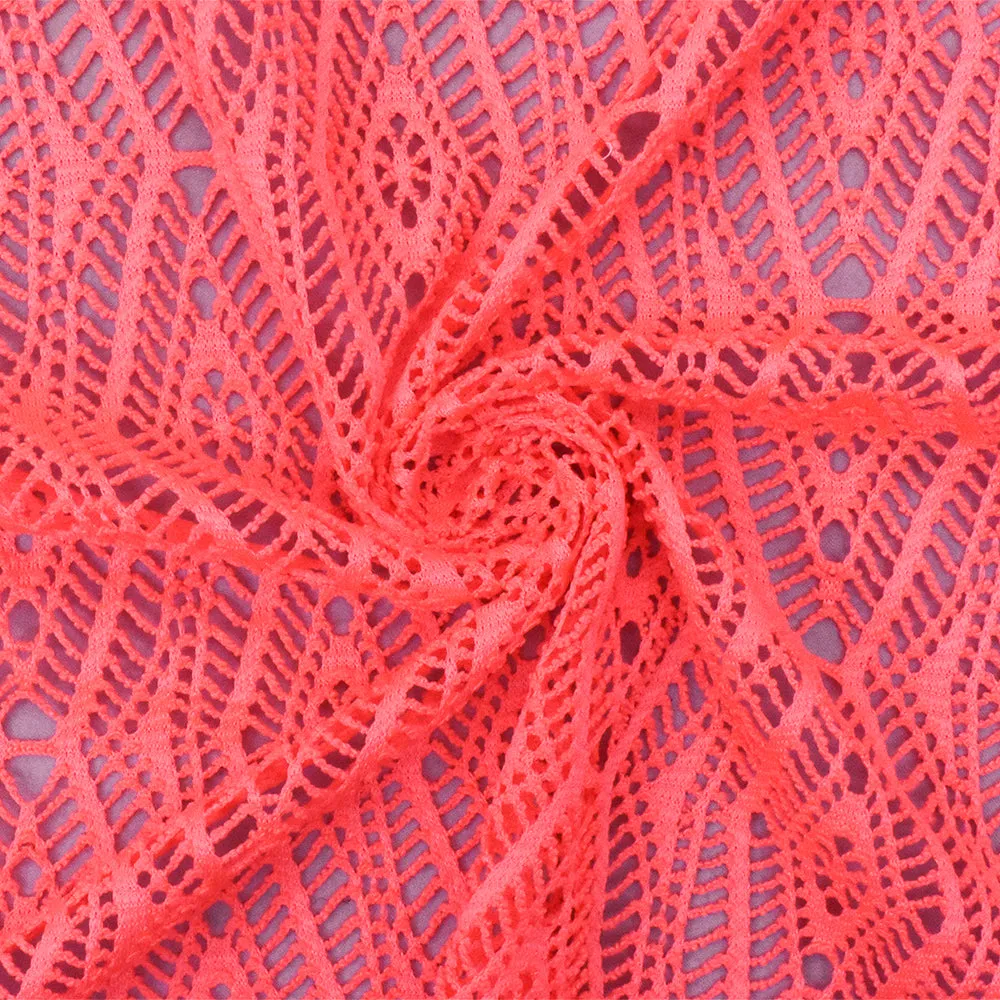 Neon Orange Patterned Diamond Stretch Poly Crochet Knit Fabric