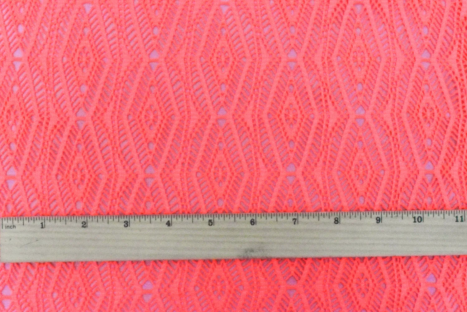 Neon Orange Patterned Diamond Stretch Poly Crochet Knit Fabric