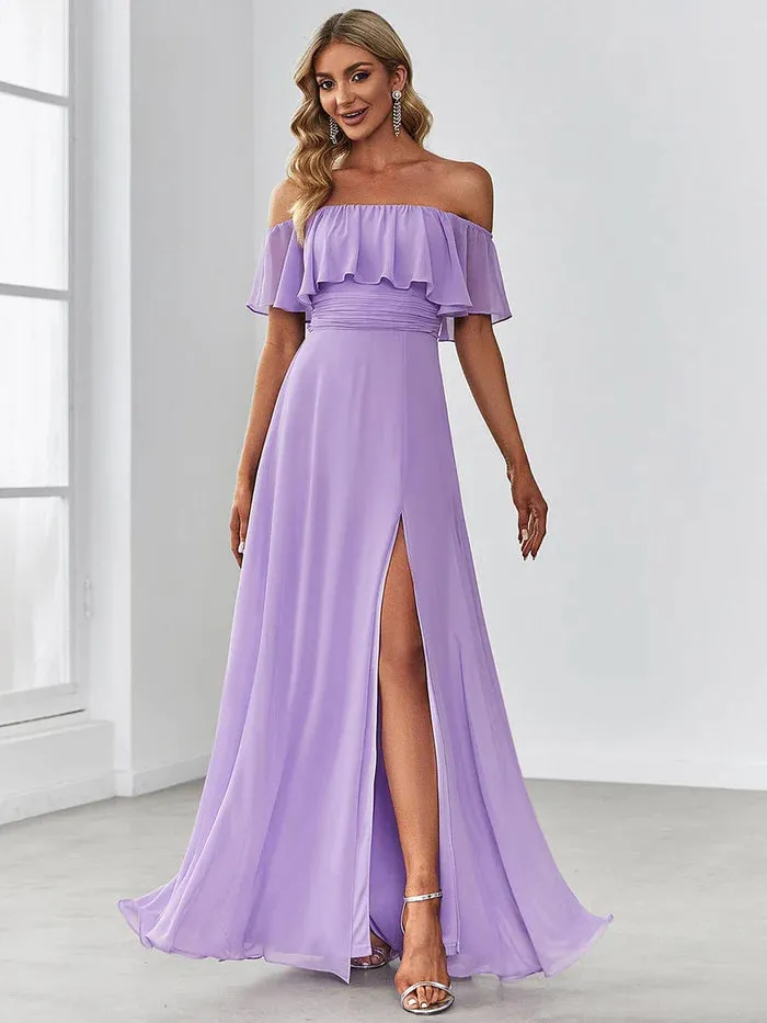 Off Shoulder Chiffon Maxi Bridesmaid Dresses with Side Split