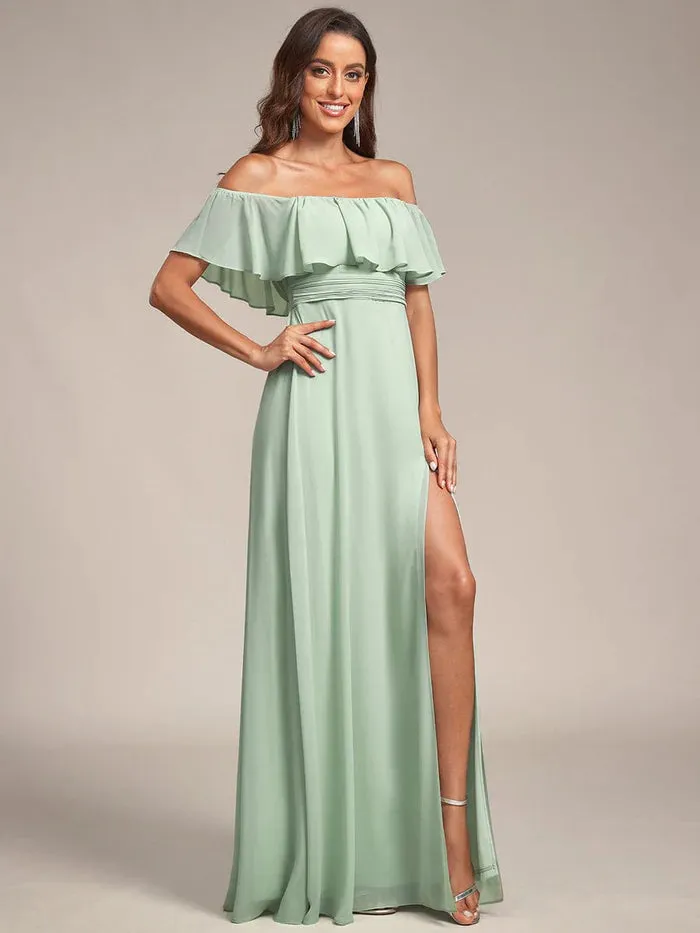 Off Shoulder Chiffon Maxi Bridesmaid Dresses with Side Split